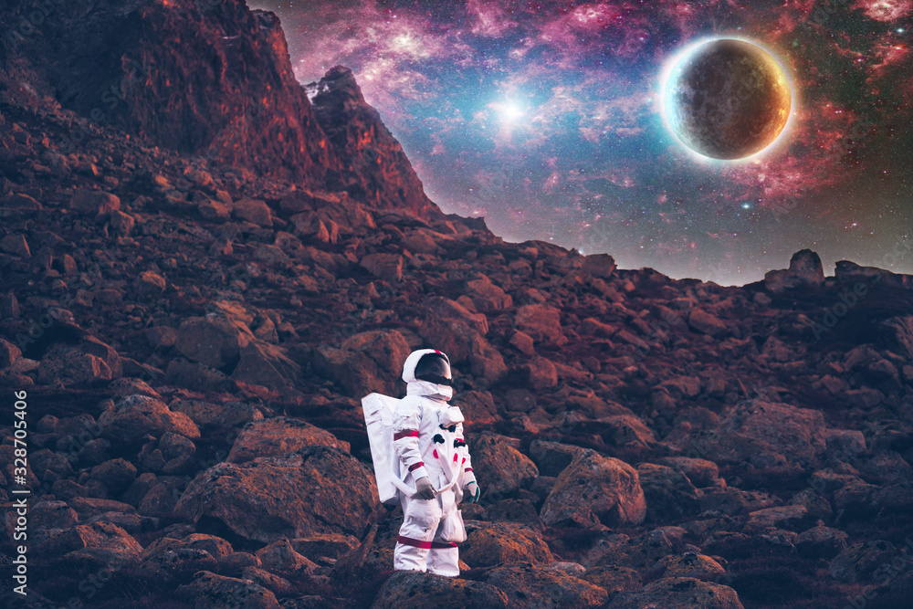 Sticker astronaut exploring a new planet. searching for a new home for humanity. concept about science and n