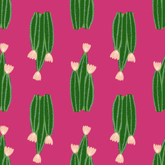 Blossom cactus seamless pattern in doodle style. Geometric cacti wallpaper. Abstract botanical exotic backdrop. Design for fabric, textile print, wrapping paper. Modern vector illustration