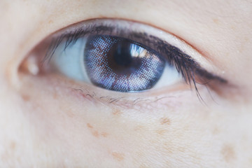 Horizontal macro close up shot of human brown eye with light blue contact lens, science and...