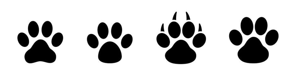 Paw print set. Paw foot trail print of animal. Dog, cat, bear, puppy silhouette. Collection of paw prints. Different animal paw - stock vector.