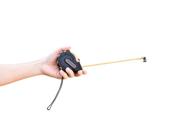 Naklejka premium Measuring Tape in hand isolated on white background with clipping path