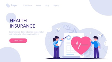 Health insurance or life is a concept. People stand near a medical document depicting a large heart. The girl looks at the documents and shows with a pointer. Landing web page template.