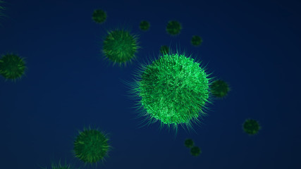 Viral cell inside a healthy body. Green molecule. Focus frame.