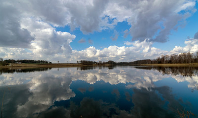 the view of the calm lake, the blue sky