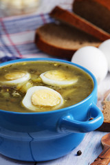A bowl with homemade sorrel soup	