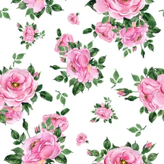 Gordijnen Watercolor hand-drawn seamless pattern of beautiful delicate roses with foliage © Irina Chekmareva