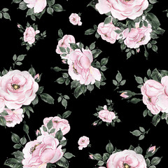 Watercolor hand-drawn seamless pattern of beautiful delicate roses with foliage