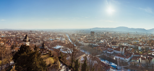 Wide panorama of Graz City from castle hill Schlossberg, Travel destination.