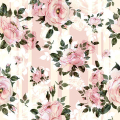 Watercolor hand-drawn seamless pattern of beautiful delicate roses with foliage
