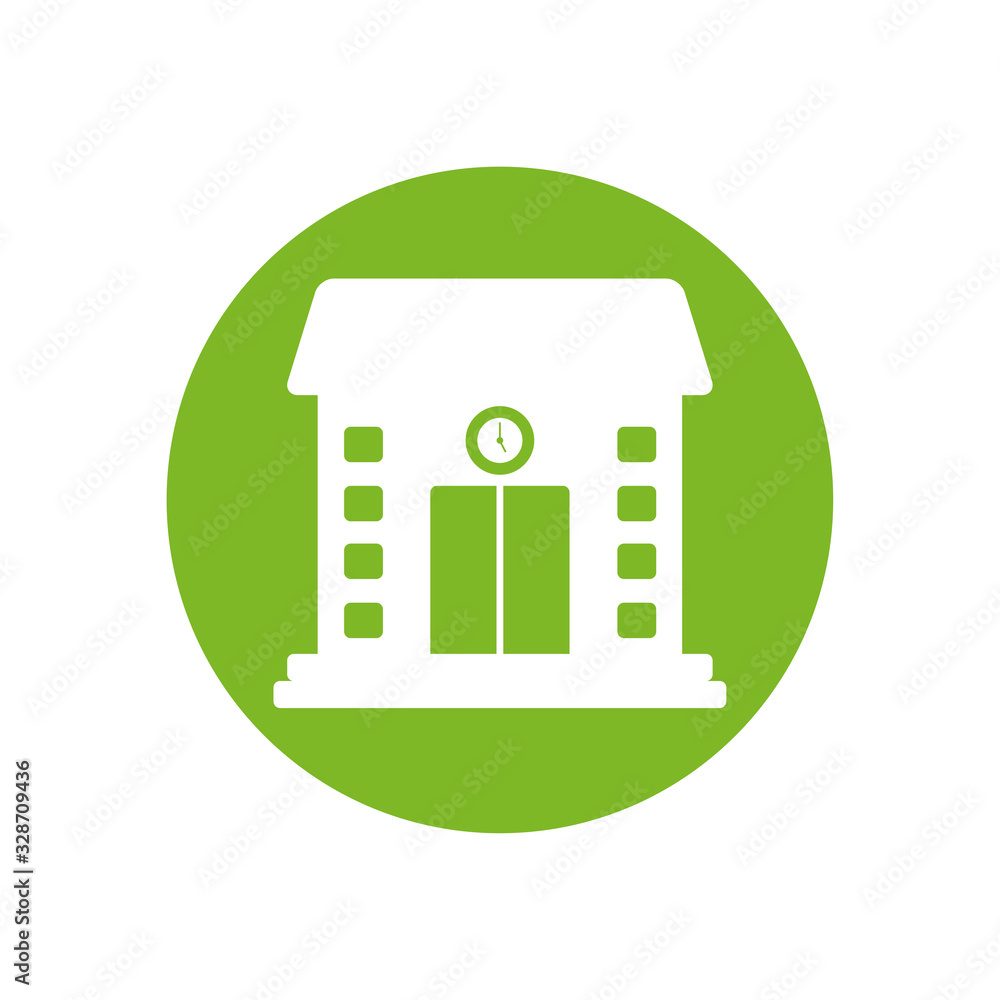 Poster school building with clock silhouette block style icon vector design