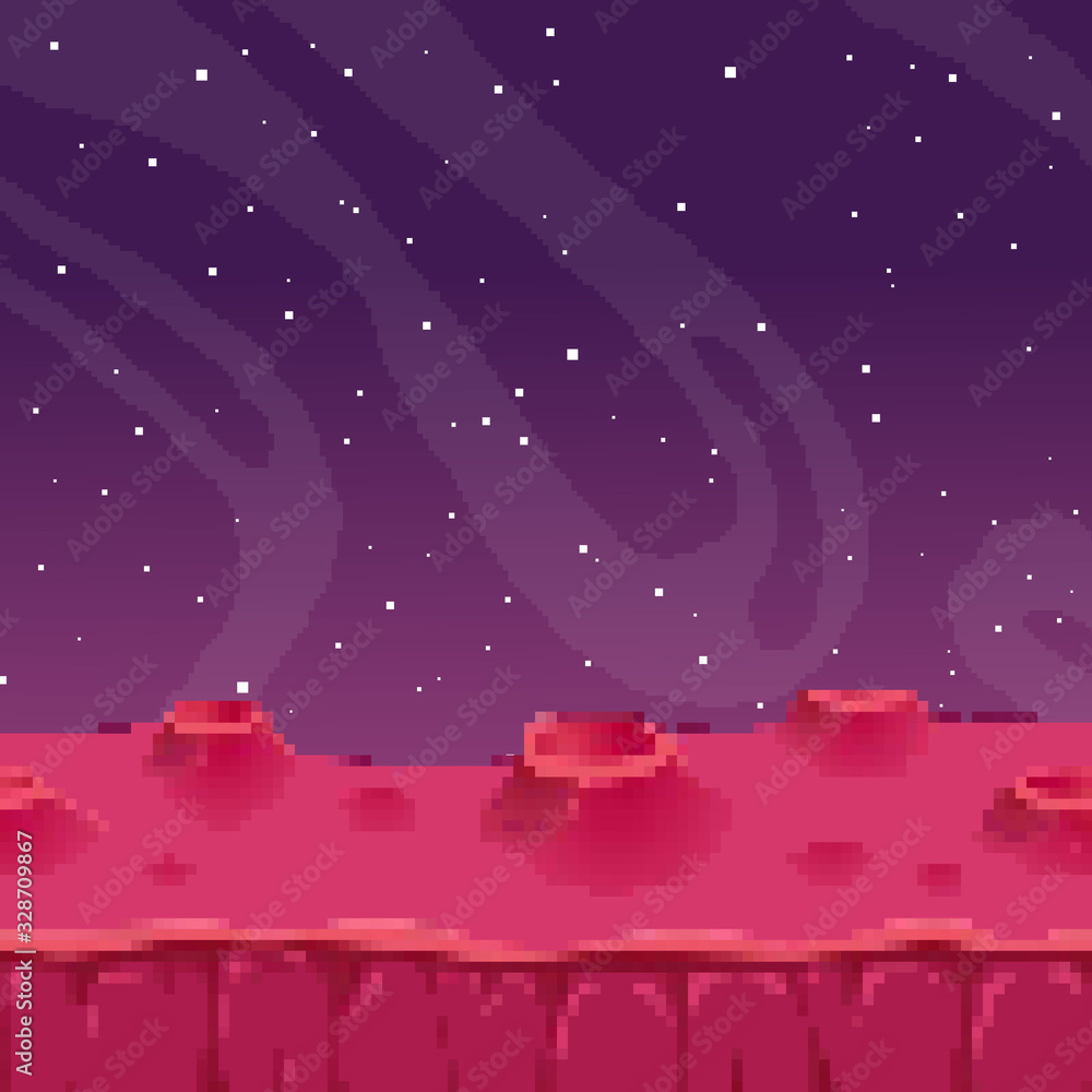 Aufkleber Vector retro futuristic background. Abstract digital landscape with particles dots and stars on horizon. Pixel art background. 8 bit. Planet in space. Retro game design interface. 