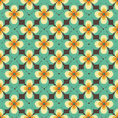 Seamless retro pattern with flowers. Vector illustration in pixel art style. 8 bit. Pixel art illustration.