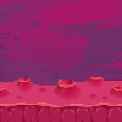 Obraz premium Vector retro futuristic background. Abstract digital landscape with particles dots and stars on horizon. Pixel art background. 8 bit. Planet in space. Retro game design interface. 