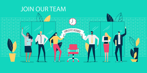 Vector illustration. Join our team. Men and women of different nationalities in the office welcome the new employee. Holding a poster with the inscription 