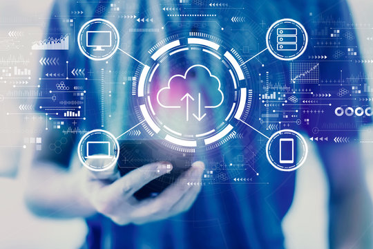 Cloud computing with young man using a smartphone