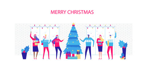 Vector illustration. Christmas corporate celebration. People of different nationalities celebrate Christmas in the office. Flat design. Template.