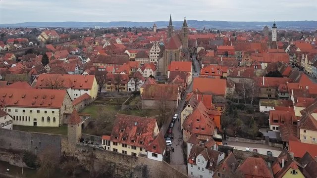 Flight over Rothenburg ob der Tauber old town, Bavaria, Germany.