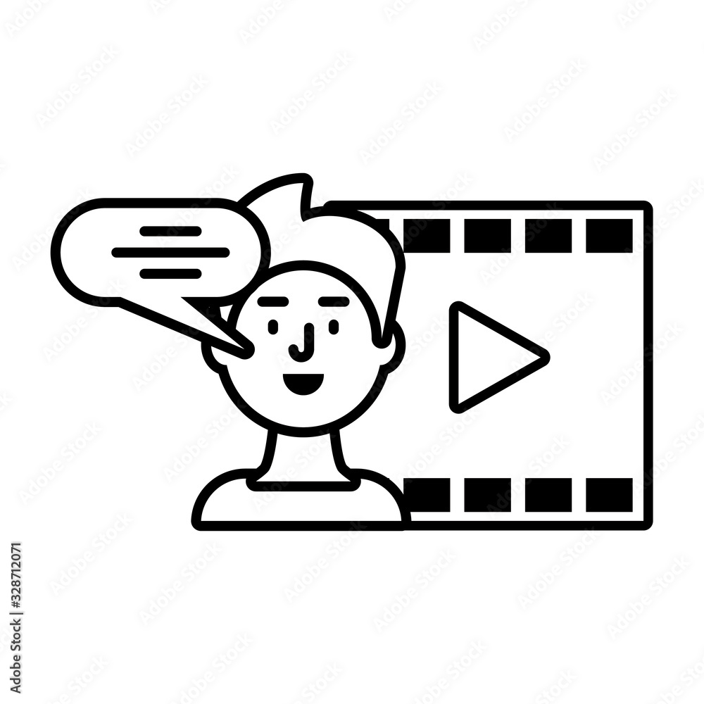 Poster man with media player on white background