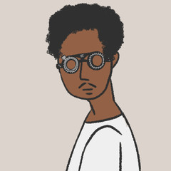 視力検査眼鏡をかけたアフロ　無地シャツ