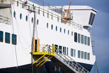 Naklejka premium Shipbuilding scaffold close up in Port Glasgow Ferguson Ship building Dock Harbor Harbour UK