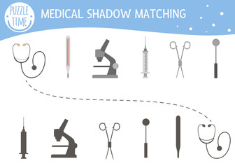 Shadow matching activity for children with medical equipment. Medicine or healthcare preschool puzzle. Cute health check educational riddle. Find the correct silhouette game..