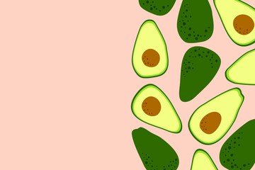 Avocado pink background with cute avocado drawing. Food template to place text for healthy food eating, quote or recipe. Bright horizontal banner. Flat lay in cartoon style. Vector
