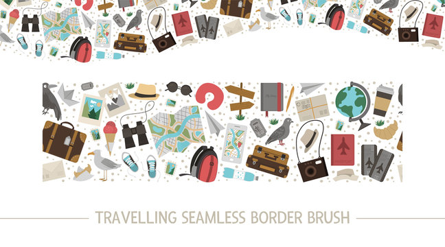 Vector seamless pattern brush with flat travelling objects. Journey elements border background. Travel or vacation elements horizontal digital paper. .