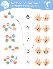 Matching game with viruses and dirty hands. Medical math activity for preschool children. Medicine counting worksheet. Educational riddle with cute funny elements..