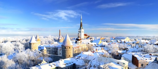 Panoramic view of the Tallinn old town on a clear winter day. Snow-covered trees and roofs. Estonia - obrazy, fototapety, plakaty