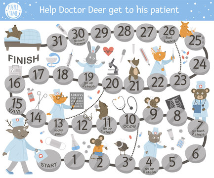 Medical adventure board game for children with cute characters. Educational medicine boardgame. Go through the hospital activity. Help doctor deer get to his patient..
