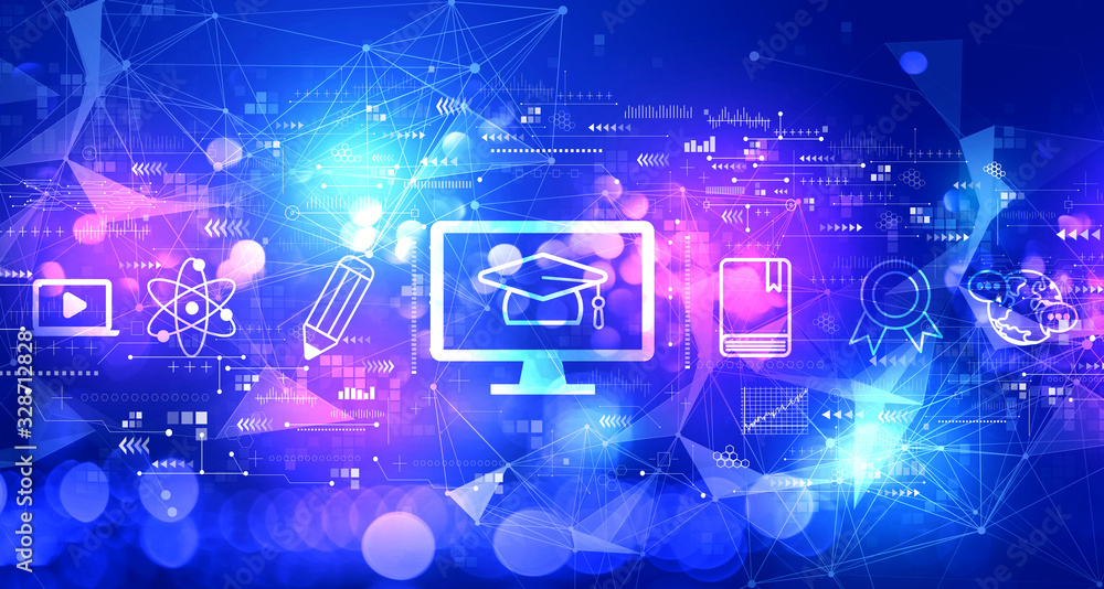 Poster e-learning concept with technology blurred abstract light background