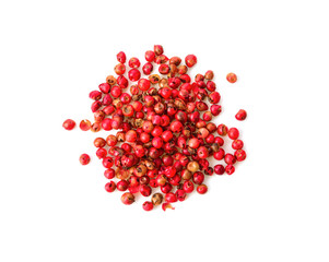 red peppercorns seeds isolated on white background. Top view. Flat lay