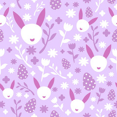 Easter seamless pattern with flowers, eggs and rabbits. Stock vector illustration for web, print, wrapping and scrapbooking paper, wallpaper and background.