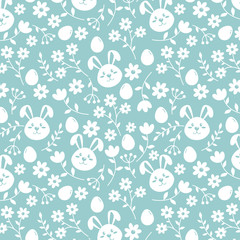 Easter seamless pattern with flowers, eggs and rabbits. Stock vector illustration for web, print, wrapping and scrapbooking paper, wallpaper and background.