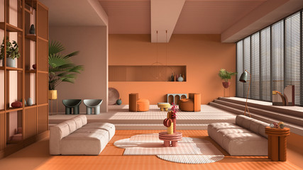 Colored contemporary living room, pastel orange colors, sofa, armchair, carpet, tables, steps and potted plants, copper pendant lamps. Interior design atmosphere, architecture idea