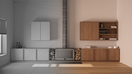 Architect interior designer concept: unfinished project that becomes real, modern living room, fireplace close-up, minimal cabinets, contemporary interior design showcase concept idea