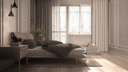 Minimal classic bedroom in beige tones with panoramic window, double bed with duvet and pillows, side tables with lamps, carpet. Parquet and stucco walls, luxury interior design idea