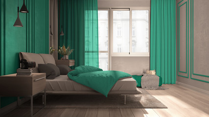Minimal classic bedroom in teal tones with panoramic window, double bed with duvet and pillows, side tables with lamps, carpet. Parquet and stucco walls, luxury interior design idea