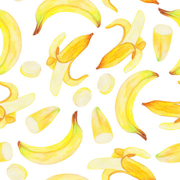 seamless pattern, illustration of bananas, watercolor pencils, set of ripe fruits, wallpaper ornament, baby clothes, wrapping paper