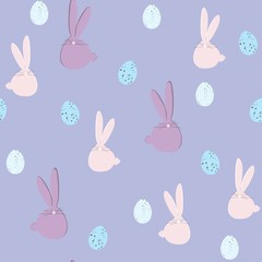 Lovely Easter rabbits and eggs. Cute childish seamless pattern in cartoon style. Can be used for wallpapers, pattern fills, web page backgrounds, surface textures. Violet backdrop.