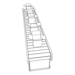 Conveyor belt section with open boxes. Factory production equipment. Wireframe low poly mesh vector illustration