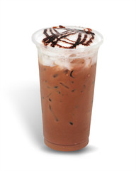Iced coffee covered with whipped cream caramel in plastic glass to go isolated on white background. This has clipping path.