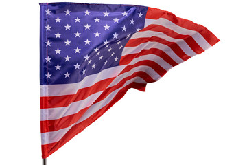 American flag flying in the wind, isolated on a white background.