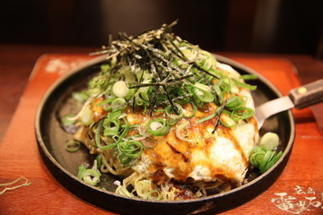 Okonomiyaki (Japanese style pancake) at Denkosekka, Tokyo, Japan