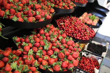 Strawberries on counter at market in Turkey