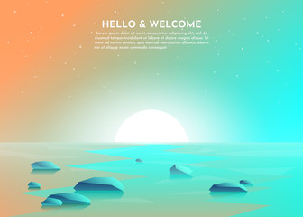 Sunrise, sunset on the lake, swamp, sea, ocean. The stones lie in the water. Realistic Vector Morning Beach. Fog over water. Abstract landscape image of nature. Minimalistic simple design. Background