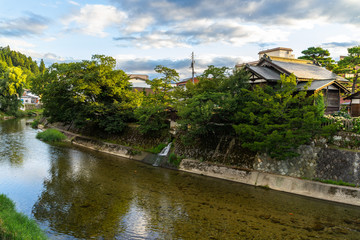 Fototapeta na wymiar Landscape of Miyakawa river in Takayama during summer, Gifu prefecture, Japan.