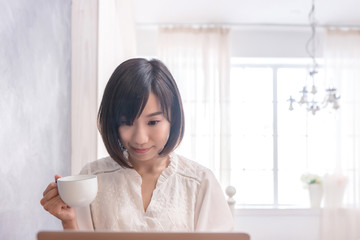 Beautiful Asian girl with laptop in cafe, education or technology or startup business concept, modern office or living room with copy space