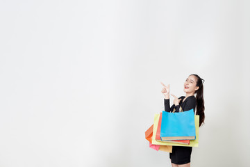 Happy Woman with Shopping Bags White Background