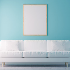 interior poster mock up with vertical empty wooden frame, 3D Rendering